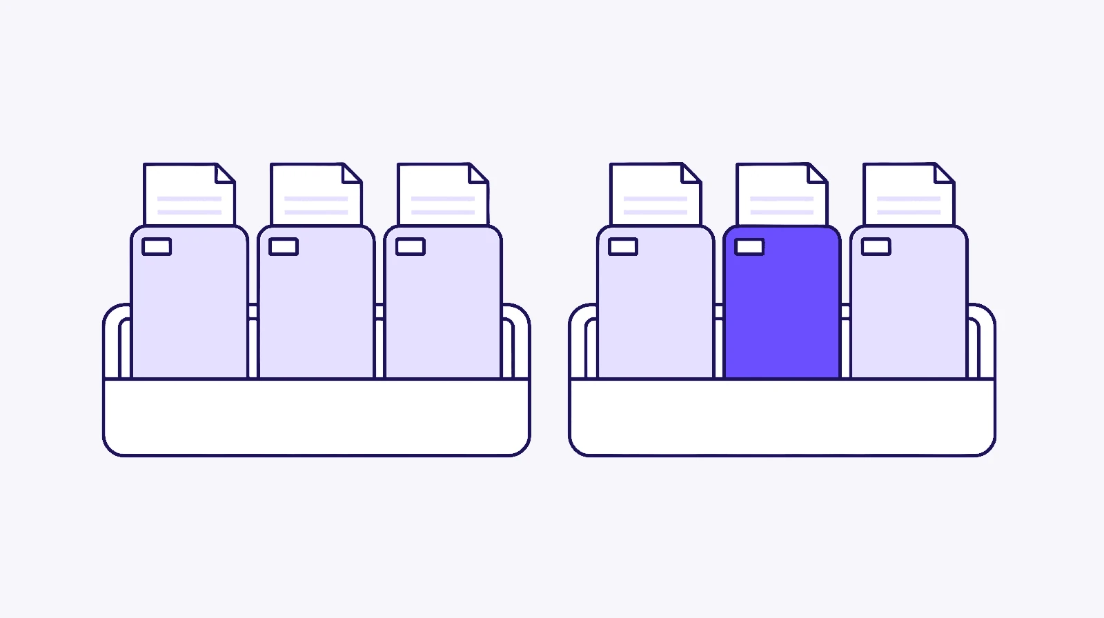 Two matching white trays side by side, each holding three lavender folders with a page sticking out. In the right-hand tray, the middle folder is violet.
