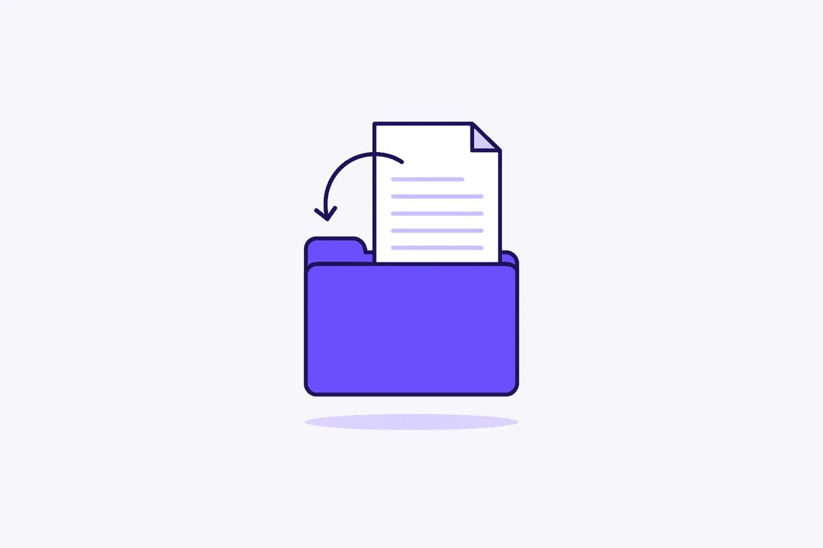 A violet folder with a page above it and a dark arrow curving back down into the folder, showing a file being put back.