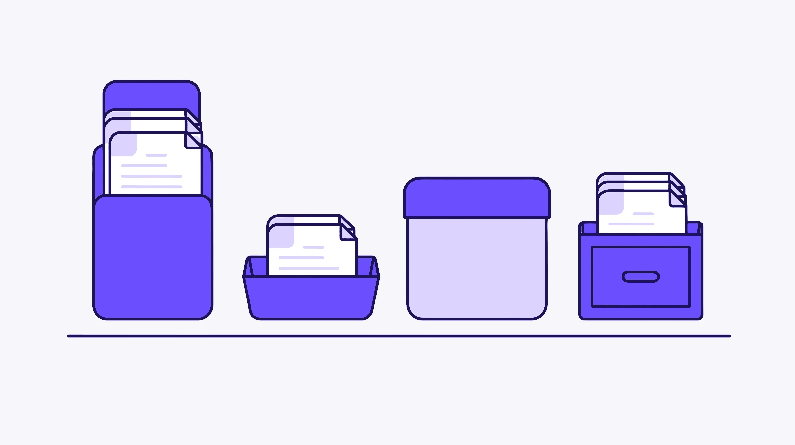 Four storage pieces in a row on a shelf: a tall violet holder, a small violet tray, a lavender box with a violet lid and a violet drawer unit, each holding pages.
