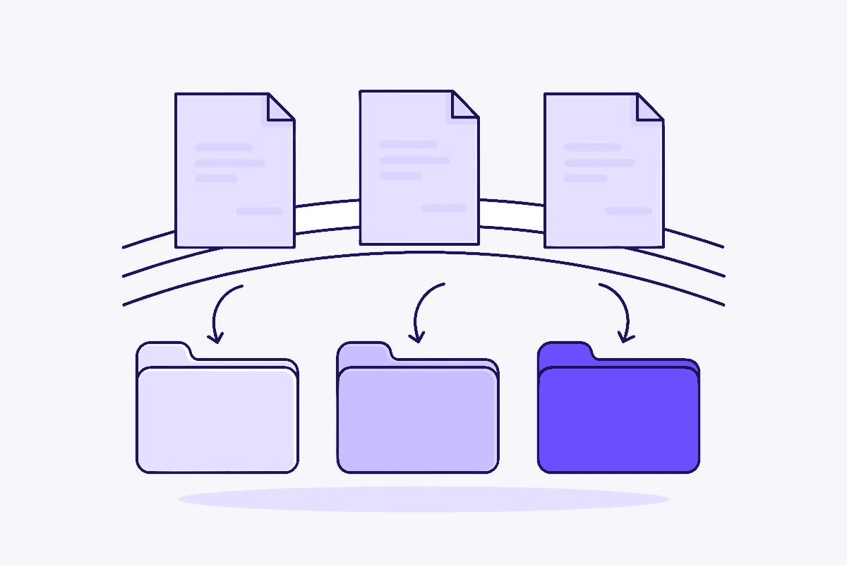 Three pages riding along a curved track, each dropping into a folder below: pale lavender, mid lavender and violet.