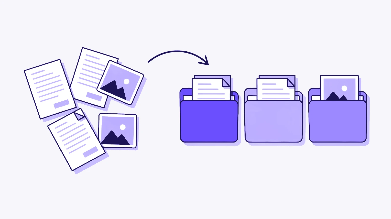 Before and after: loose pages and photos scattered on the left, and an arrow pointing to the same items filed into three folders on the right.