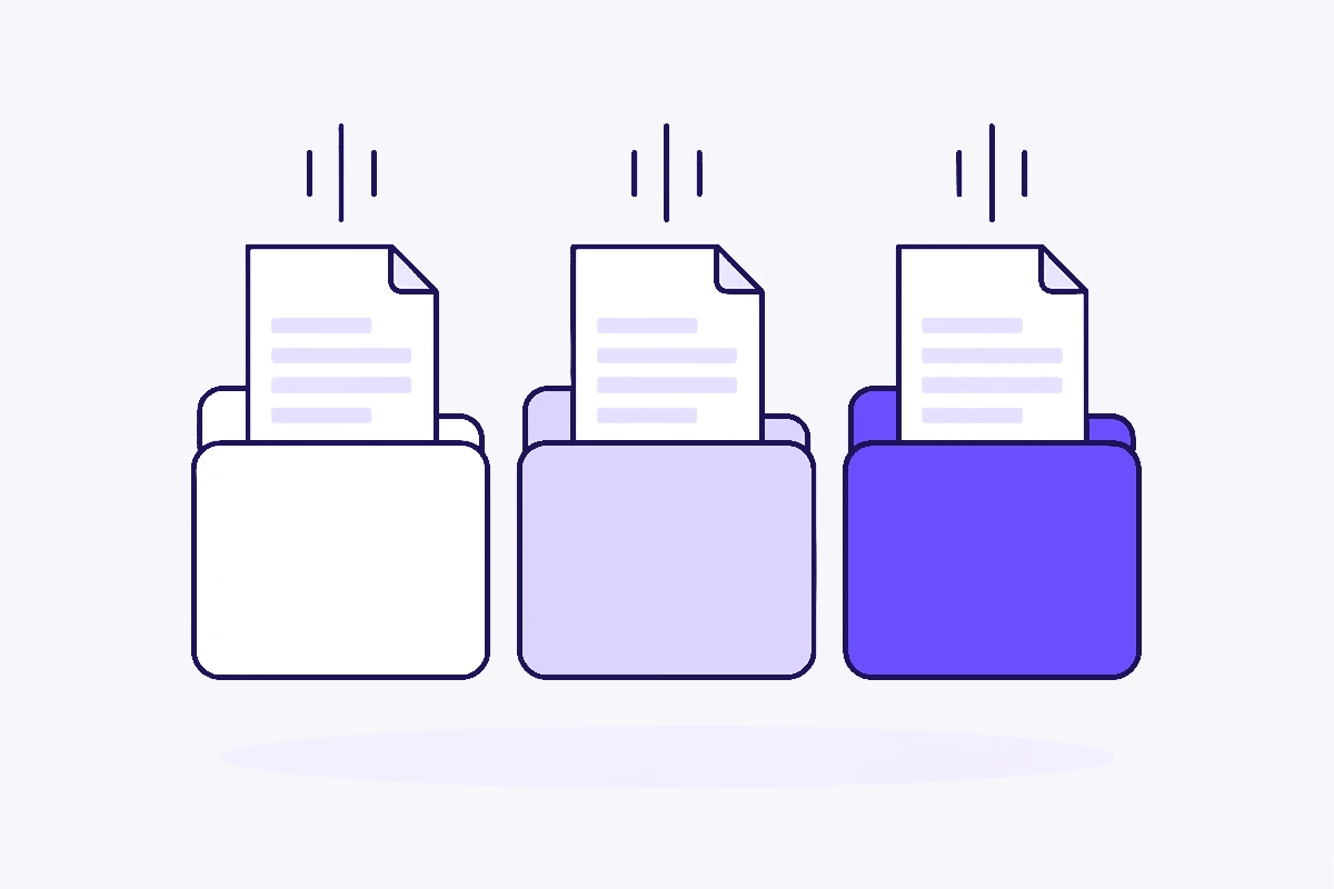 Three folders in white, lavender and violet, each with a page dropping into it.