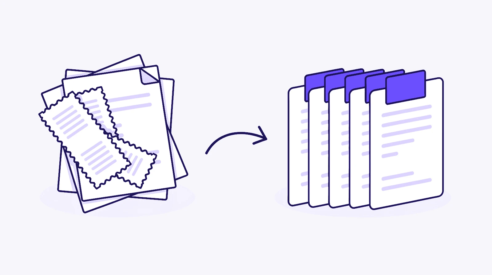 A messy pile of scanned pages and receipts on the left, and an arrow pointing to a neat row of document cards with violet tabs on the right.