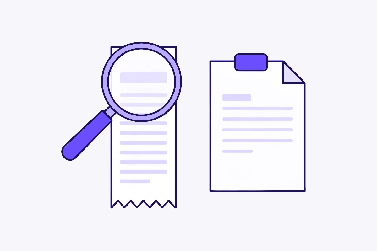 A magnifying glass over a paper receipt, beside a document with a violet tab at the top.
